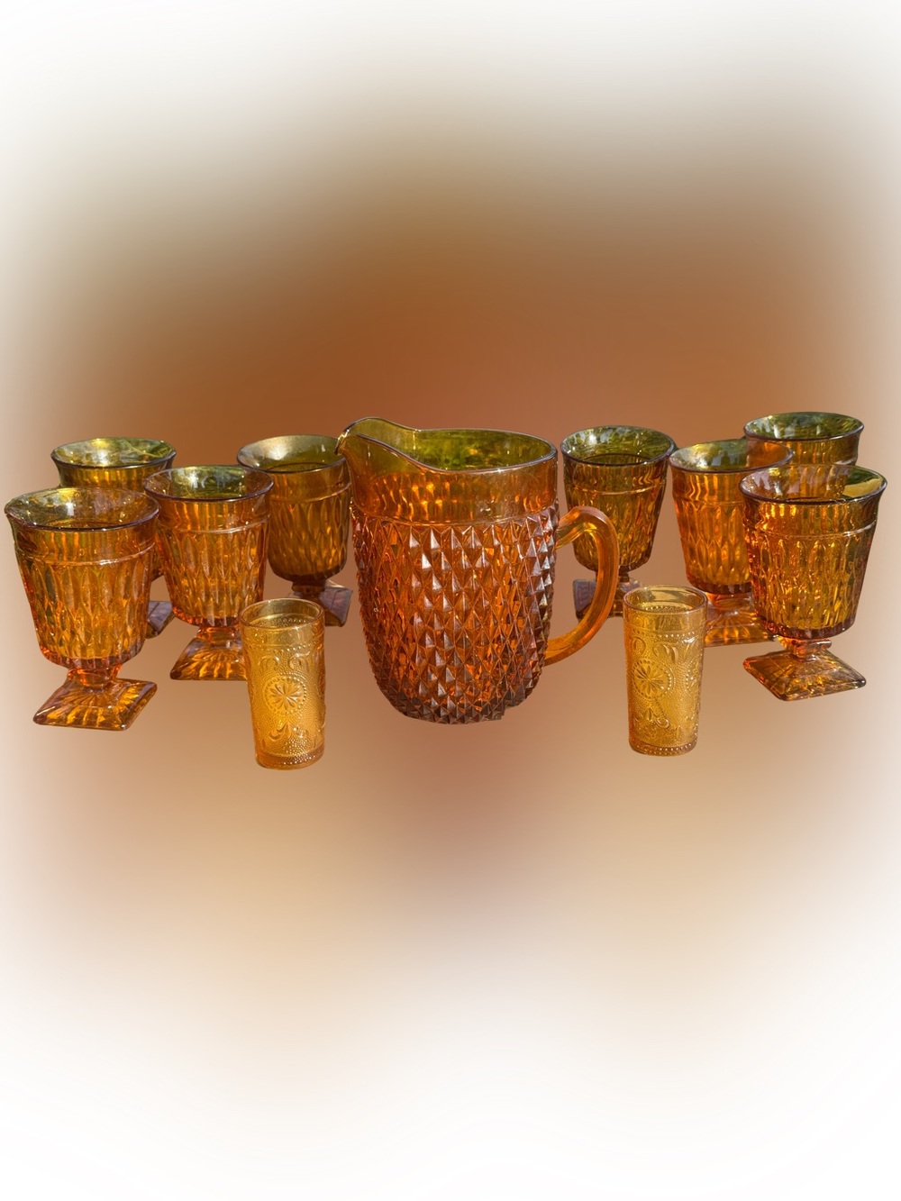 Vintage Indiana Glass Amber Diamond-Pattern Glass Pitcher & Goblets Set of 11